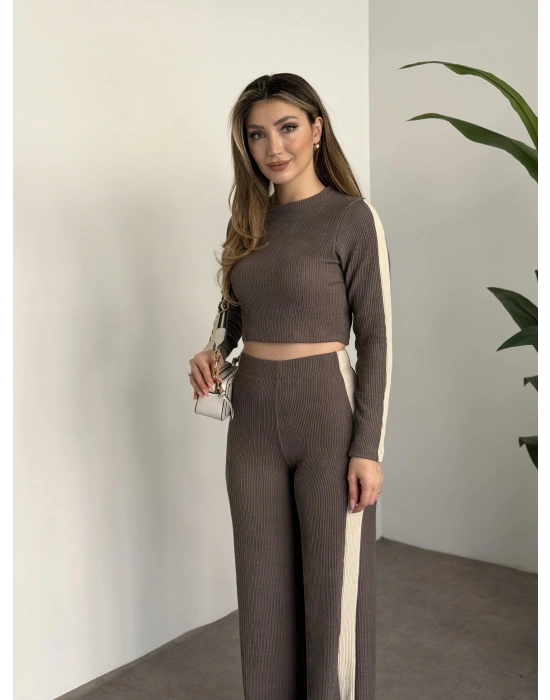 Fitilli şeritli crop boy takım gri