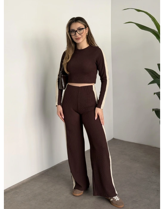 Fitilli şeritli crop boy takım kahve