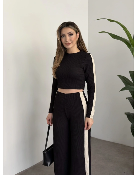 Fitilli şeritli crop boy takım siyah
