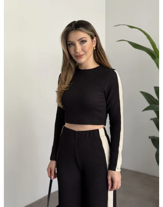 Fitilli şeritli crop boy takım siyah