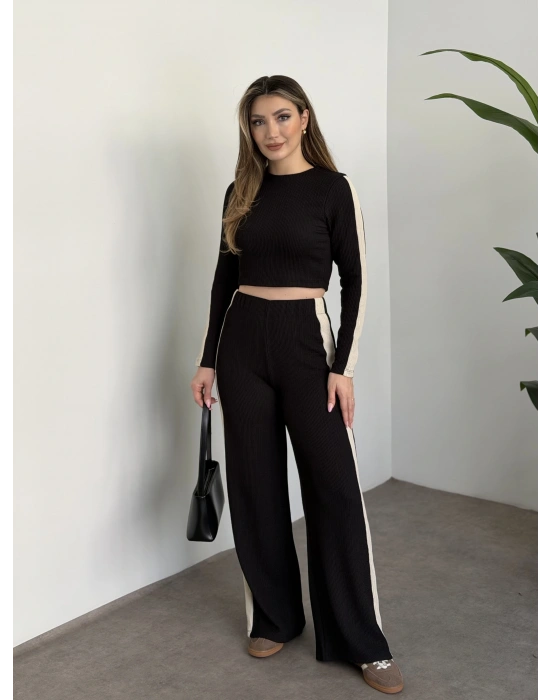 Fitilli şeritli crop boy takım siyah