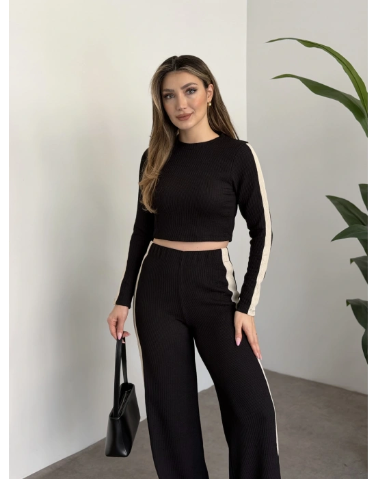 Fitilli şeritli crop boy takım siyah