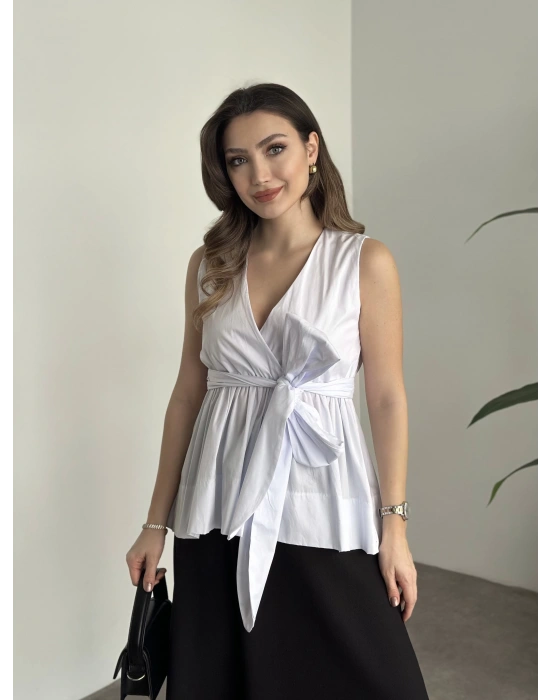 Fiyonk bağlama detaylı poplin kumaş bluz beyaz