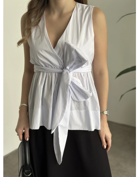 Fiyonk bağlama detaylı poplin kumaş bluz beyaz