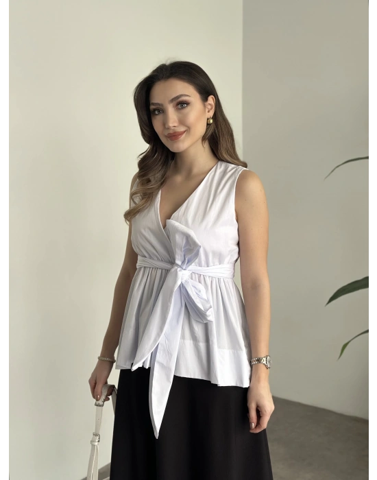 Fiyonk bağlama detaylı poplin kumaş bluz beyaz