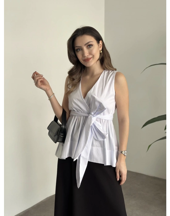 Fiyonk bağlama detaylı poplin kumaş bluz beyaz
