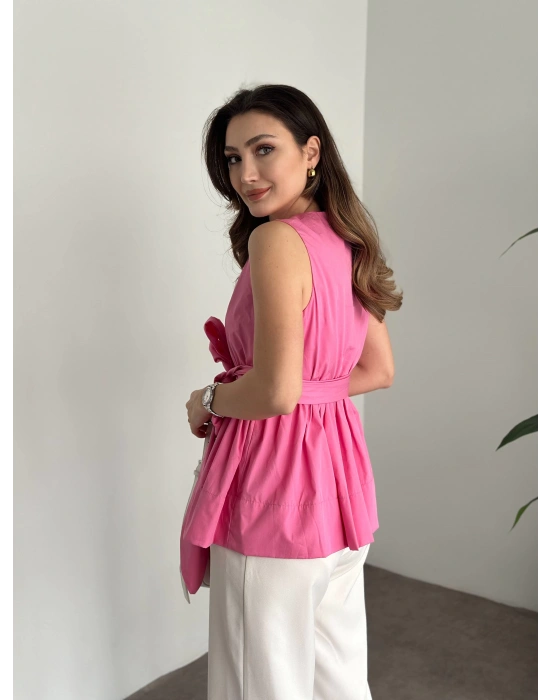 Fiyonk bağlama detaylı poplin kumaş bluz pembe