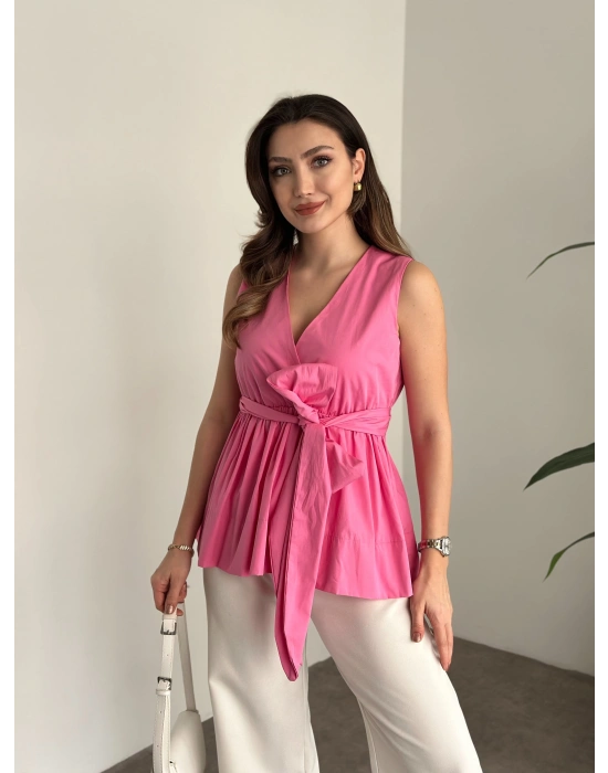 Fiyonk bağlama detaylı poplin kumaş bluz pembe