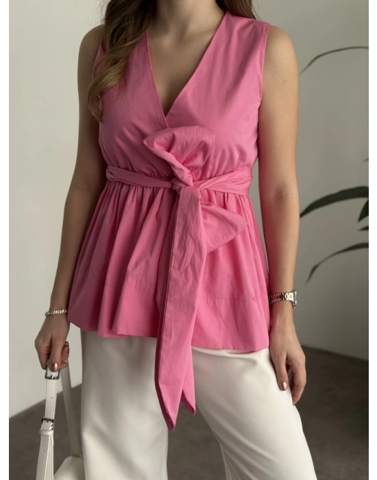 Fiyonk bağlama detaylı poplin kumaş bluz pembe