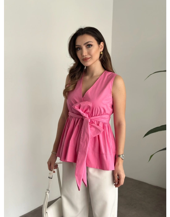 Fiyonk bağlama detaylı poplin kumaş bluz pembe