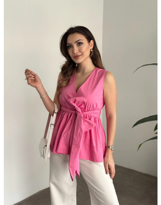 Fiyonk bağlama detaylı poplin kumaş bluz pembe
