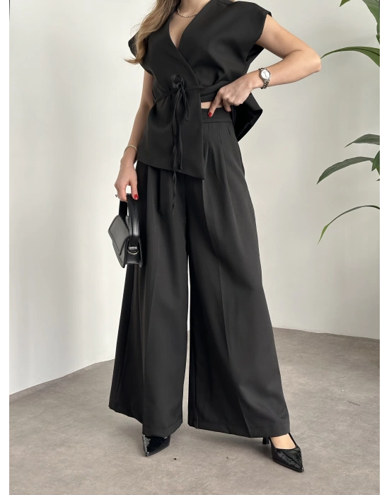 Gizli düğme ve belinden bağcıklı yelekli takım siyah