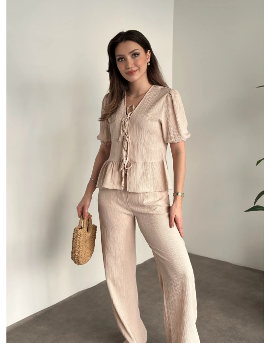 Gofre bağlama detaylı karpuz kol takım krem