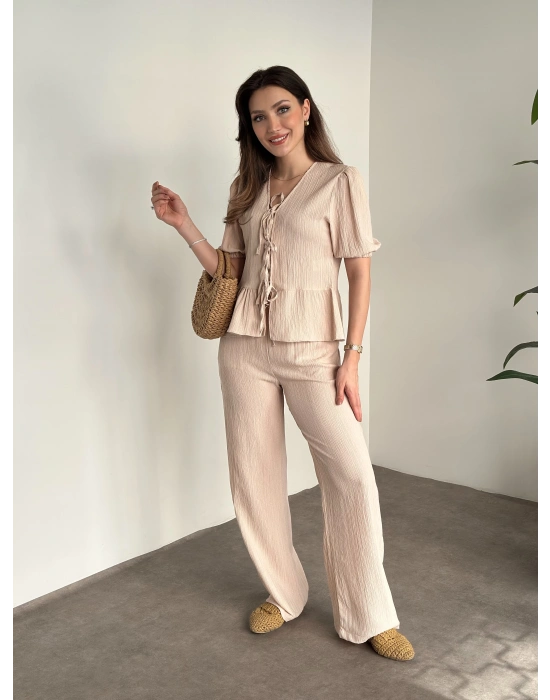 Gofre bağlama detaylı karpuz kol takım krem