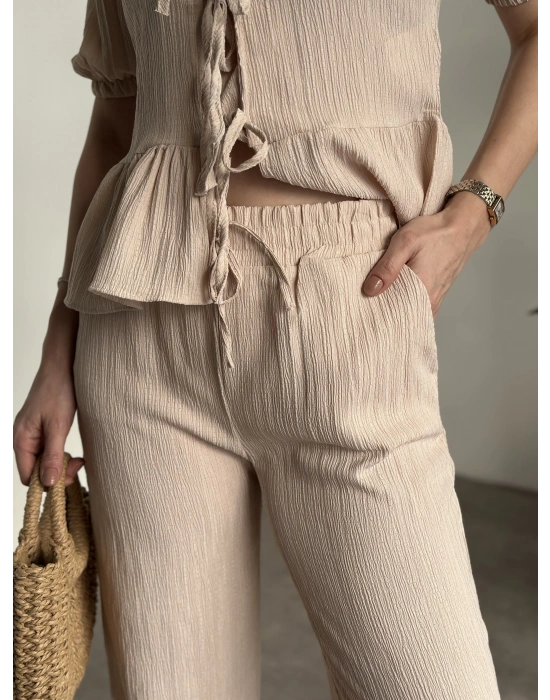 Gofre bağlama detaylı karpuz kol takım krem