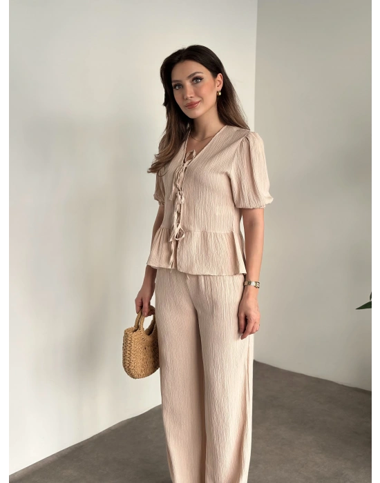 Gofre bağlama detaylı karpuz kol takım krem