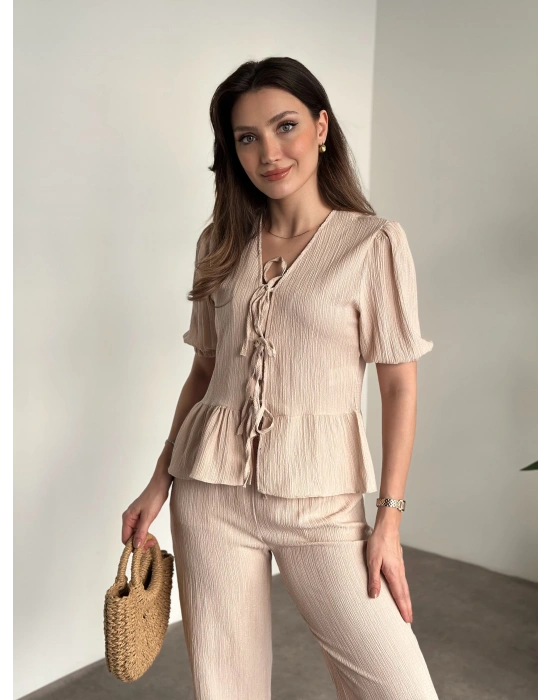 Gofre bağlama detaylı karpuz kol takım krem