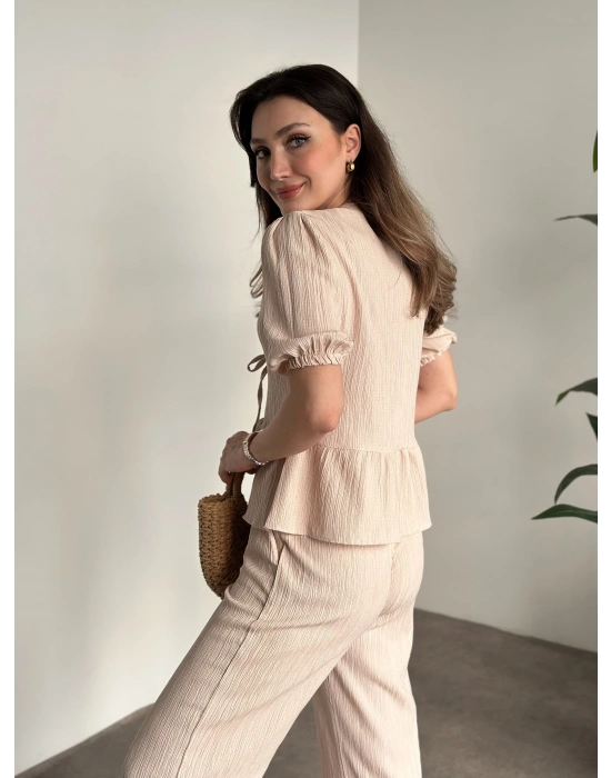 Gofre bağlama detaylı karpuz kol takım krem