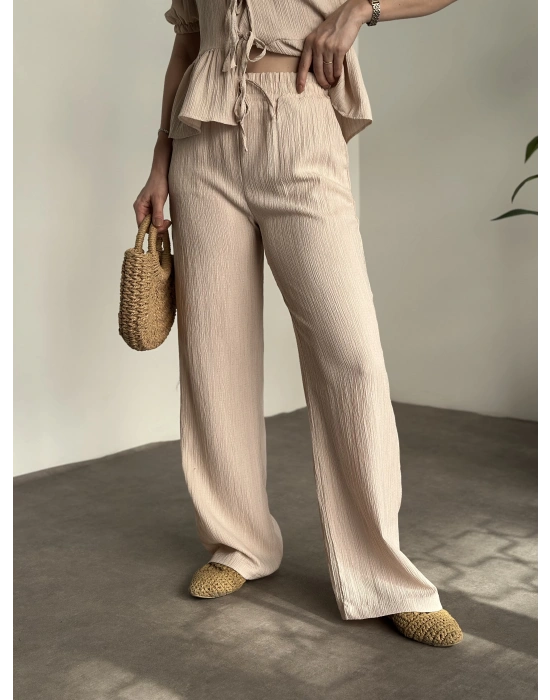 Gofre bağlama detaylı karpuz kol takım krem