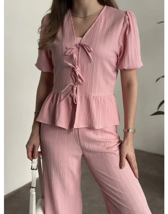 Gofre bağlama detaylı karpuz kol takım pembe