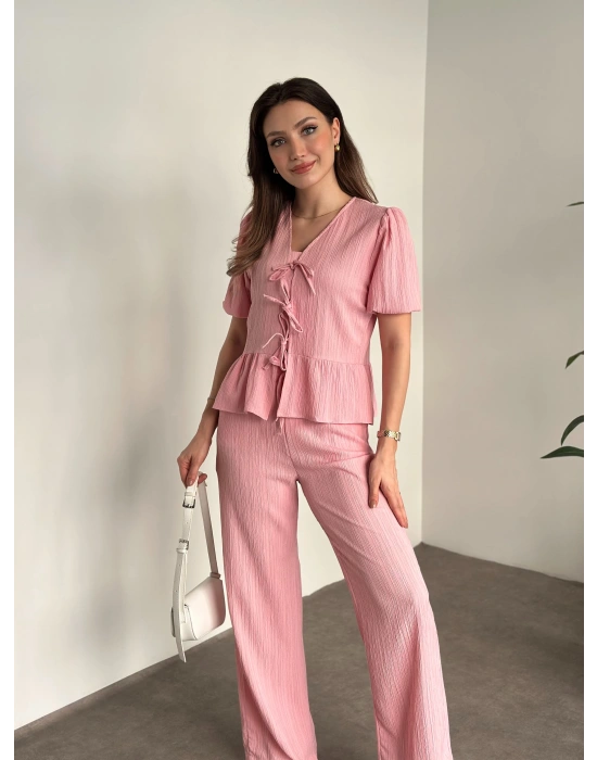 Gofre bağlama detaylı karpuz kol takım pembe