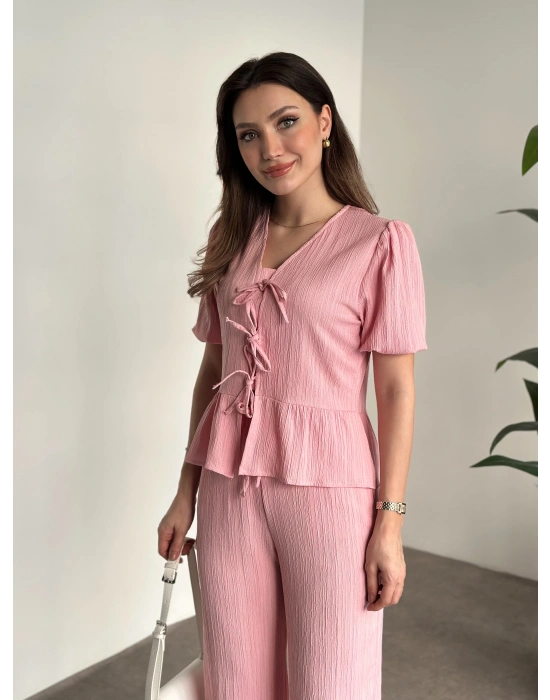 Gofre bağlama detaylı karpuz kol takım pembe