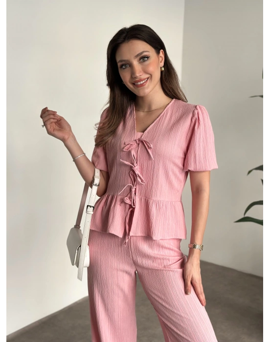 Gofre bağlama detaylı karpuz kol takım pembe