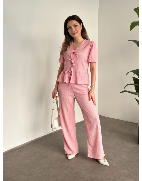 Gofre bağlama detaylı karpuz kol takım pembe