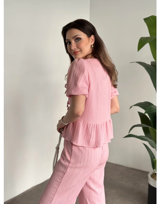 Gofre bağlama detaylı karpuz kol takım pembe