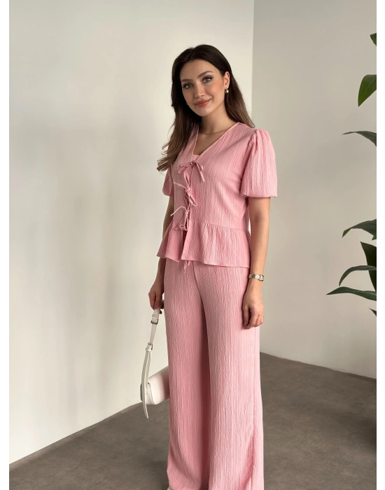 Gofre bağlama detaylı karpuz kol takım pembe