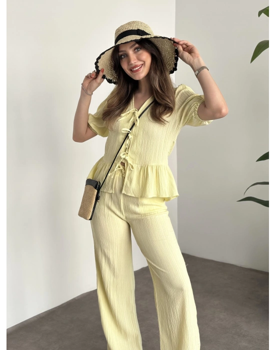 Gofre bağlama detaylı karpuz kol takım sarı