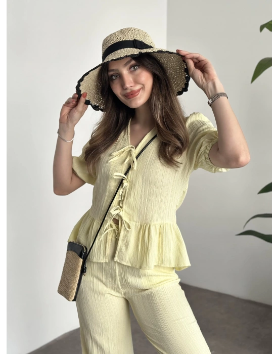 Gofre bağlama detaylı karpuz kol takım sarı