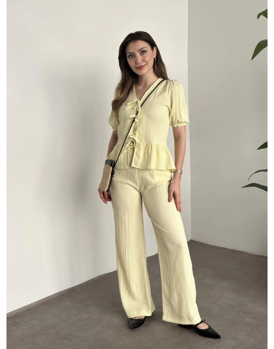 Gofre bağlama detaylı karpuz kol takım sarı