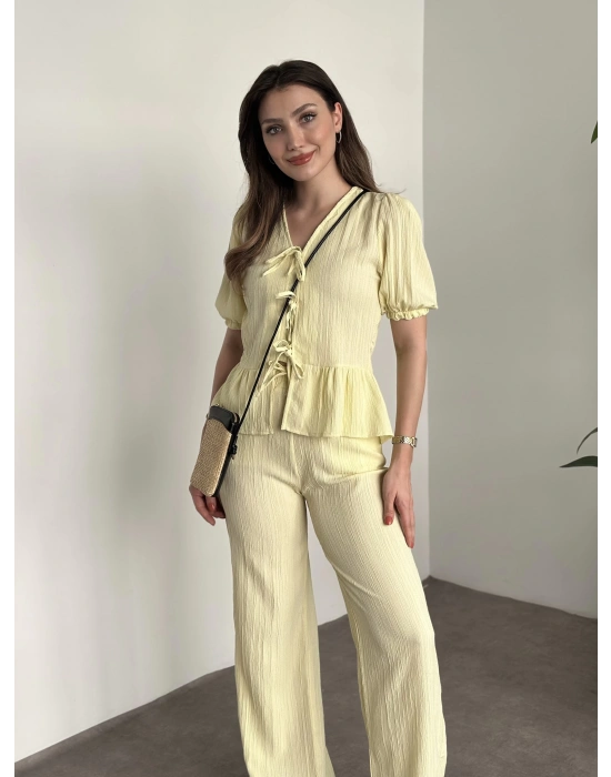 Gofre bağlama detaylı karpuz kol takım sarı