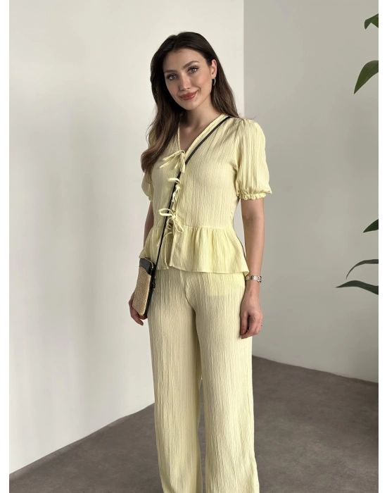 Gofre bağlama detaylı karpuz kol takım sarı