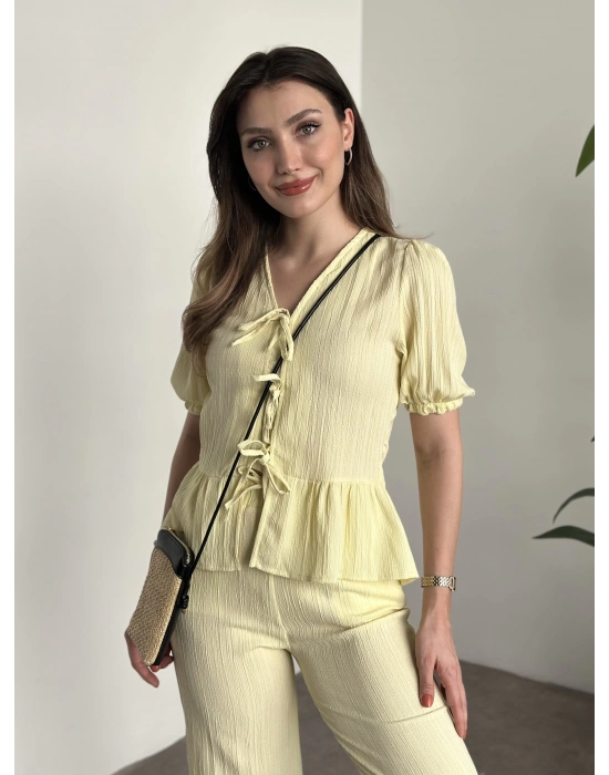 Gofre bağlama detaylı karpuz kol takım sarı