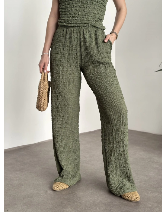 Gofre kumaş tek omuz detaylı takım yeşil