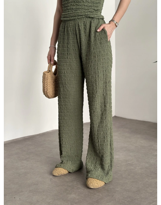 Gofre kumaş tek omuz detaylı takım yeşil