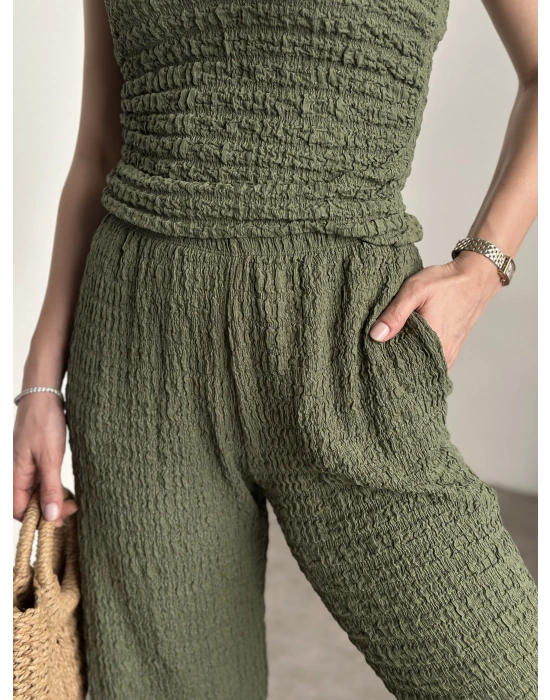 Gofre kumaş tek omuz detaylı takım yeşil