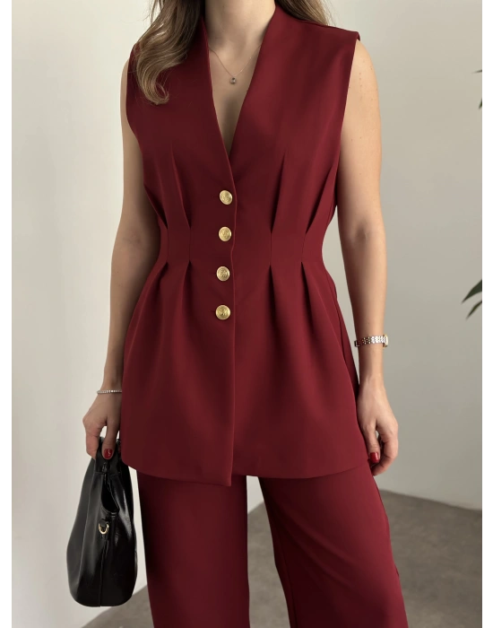 Gold düğmeli belden oturtmalı takım bordo