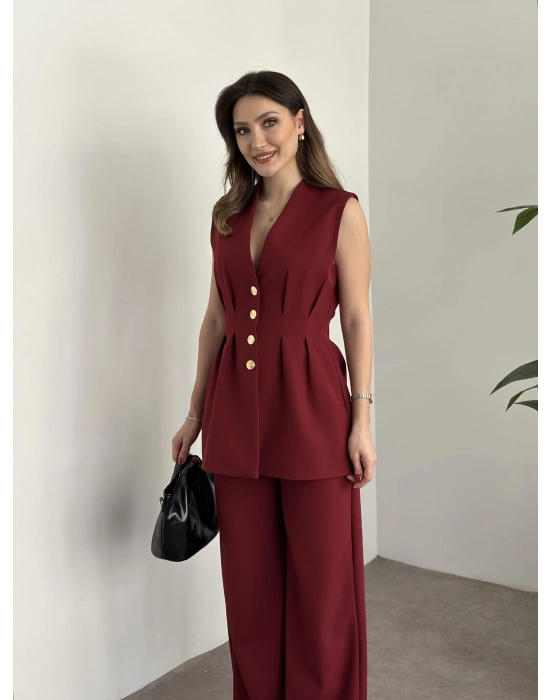 Gold düğmeli belden oturtmalı takım bordo