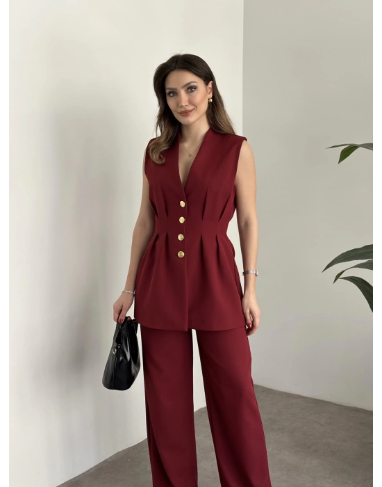 Gold düğmeli belden oturtmalı takım bordo