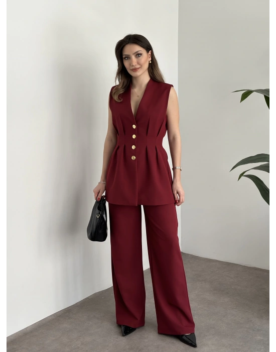 Gold düğmeli belden oturtmalı takım bordo