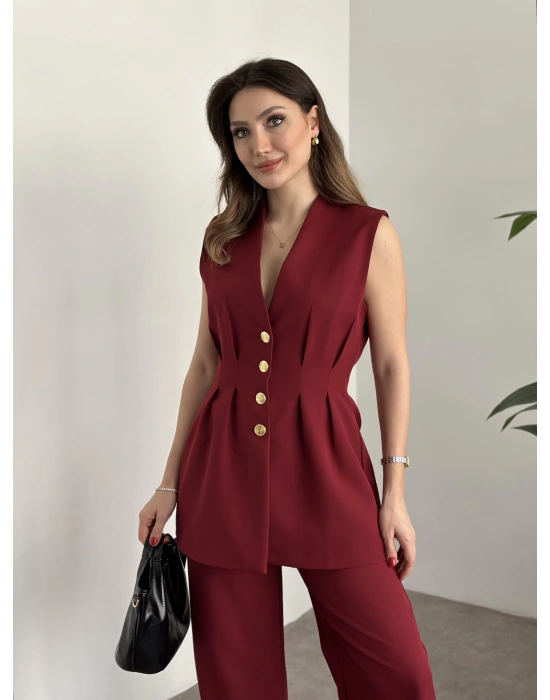 Gold düğmeli belden oturtmalı takım bordo
