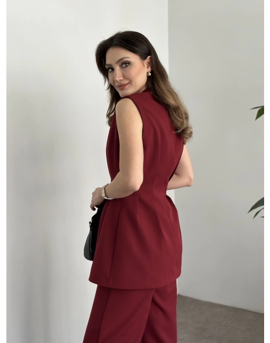 Gold düğmeli belden oturtmalı takım bordo