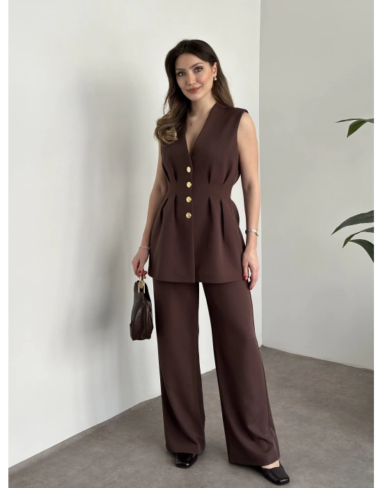 Gold düğmeli belden oturtmalı takım kahve