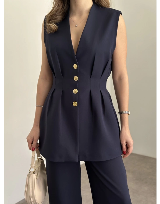 Gold düğmeli belden oturtmalı takım lacivert