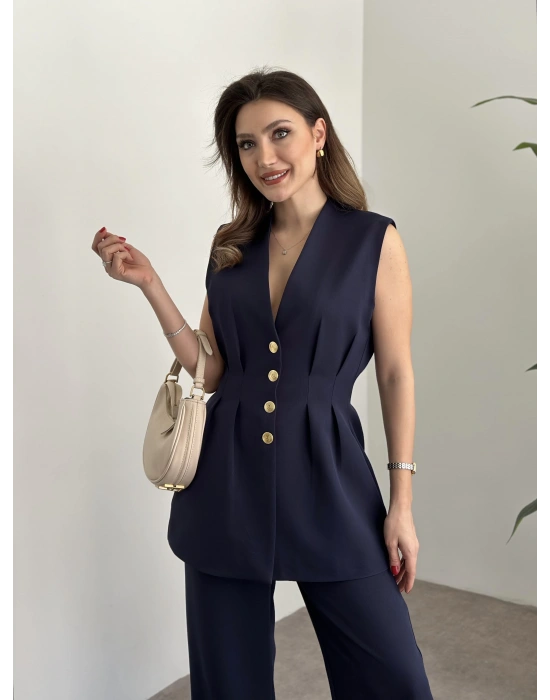Gold düğmeli belden oturtmalı takım lacivert