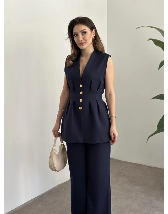 Gold düğmeli belden oturtmalı takım lacivert