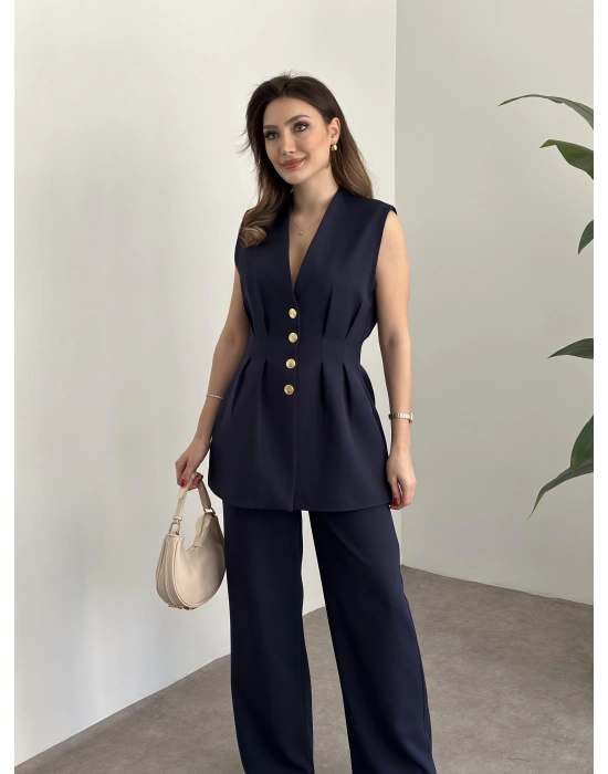 Gold düğmeli belden oturtmalı takım lacivert
